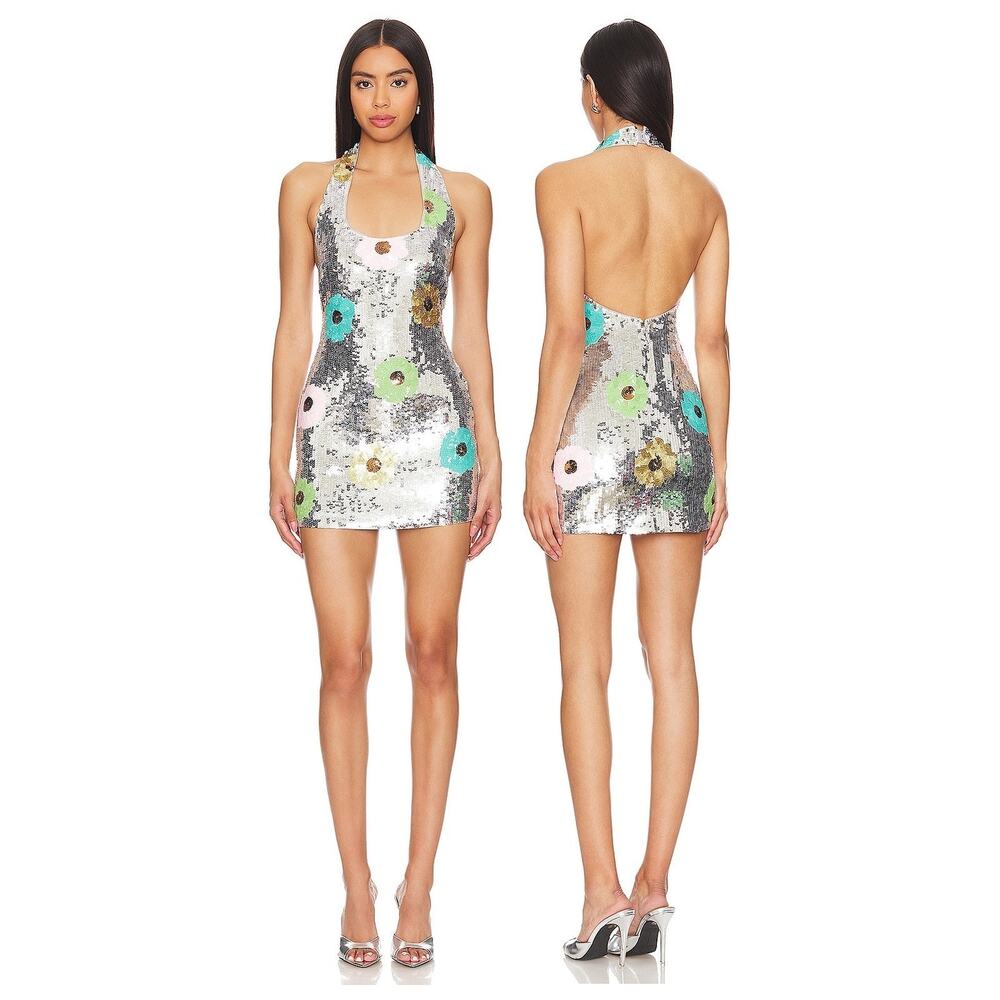 Lovers and Friends Mia Mini Dress Sequin Floral Halter Party Cocktail Evening M